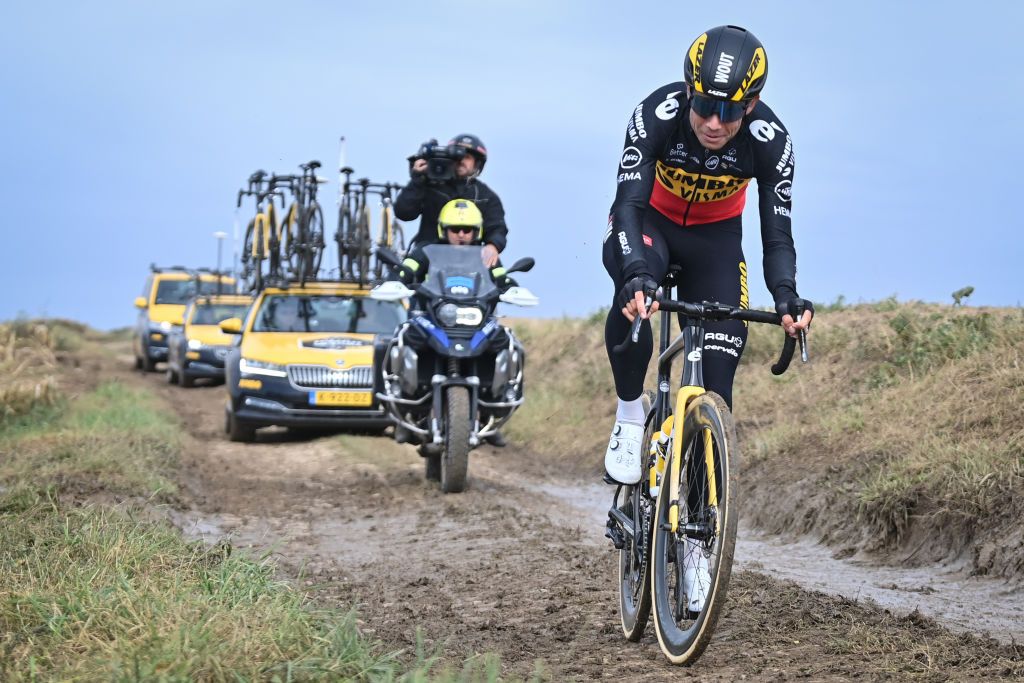 Belgian Wout Van Aert of Team Jumbo-Visma pictured in action during a training session ahead of the 118th edition of the &#039;Paris-Roubaix&#039; one day cycling race, from Compiegne, near Paris to Roubaix, Thursday 30 September 2021. Due to the ongoing corona virus pandemic, the 2020 edition was cancelled and the 2021 edition was postponed from spring to autumn. For the first time, there will be a women&#039;s race Paris-Roubaix as well. BELGA PHOTO DAVID STOCKMAN (Photo by DAVID STOCKMAN/BELGA MAG/AFP via Getty Images)