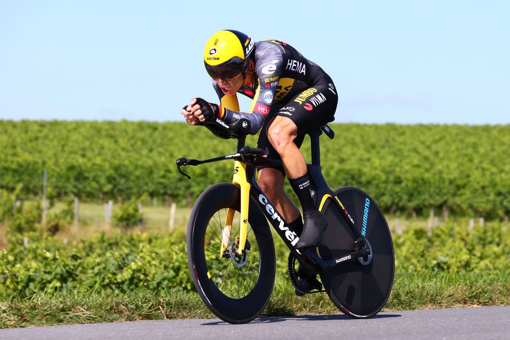 SAINTEMILION FRANCE JULY 17 Wout Van Aert of Belgium and Team JumboVisma during the 108th Tour de France 2021 Stage 20 a 308km Individual Time Trial Stage from Libourne to SaintEmilion 75m Vineyards ITT LeTour TDF2021 on July 17 2021 in SaintEmilion France Photo by Michael SteeleGetty Images