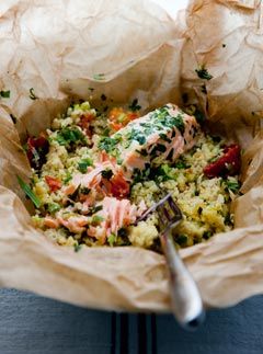 Herb salmon and couscous parcels