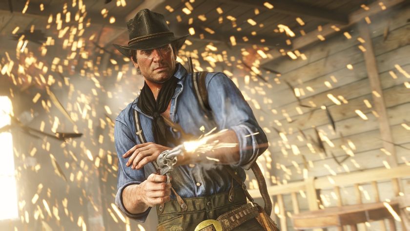 Red Dead Redemption 2 - Arthur Morgan shooting a revolver while sparks fly in the background