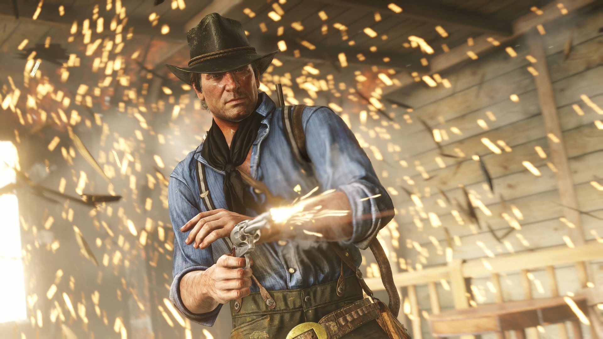 Red Dead Redemption 2 - Arthur Morgan shooting a revolver while sparks fly in the background
