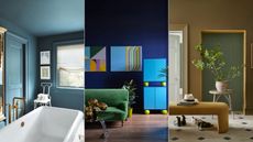 teal blue color-drenched bathroom, dark blue living room with bright blue artwork and cabinets and green sofa, light warm brown entryway with plant