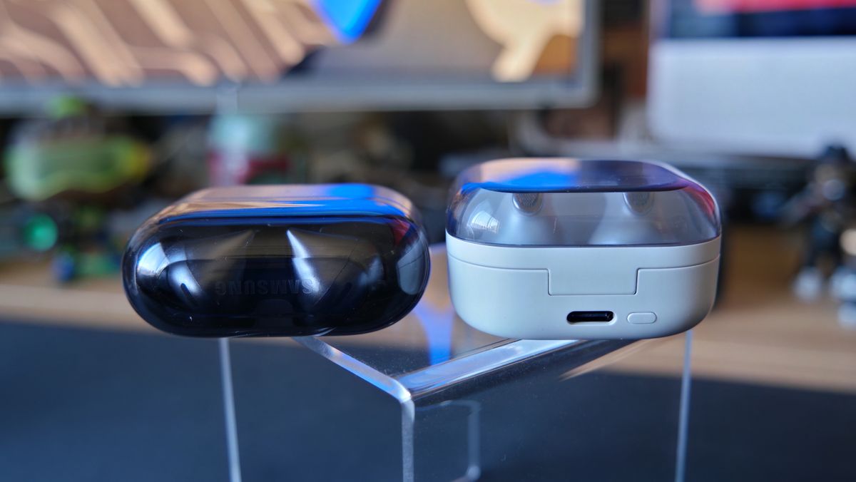 Galaxy Buds 4 Pro on a desk, next to Galaxy Buds3 Pro