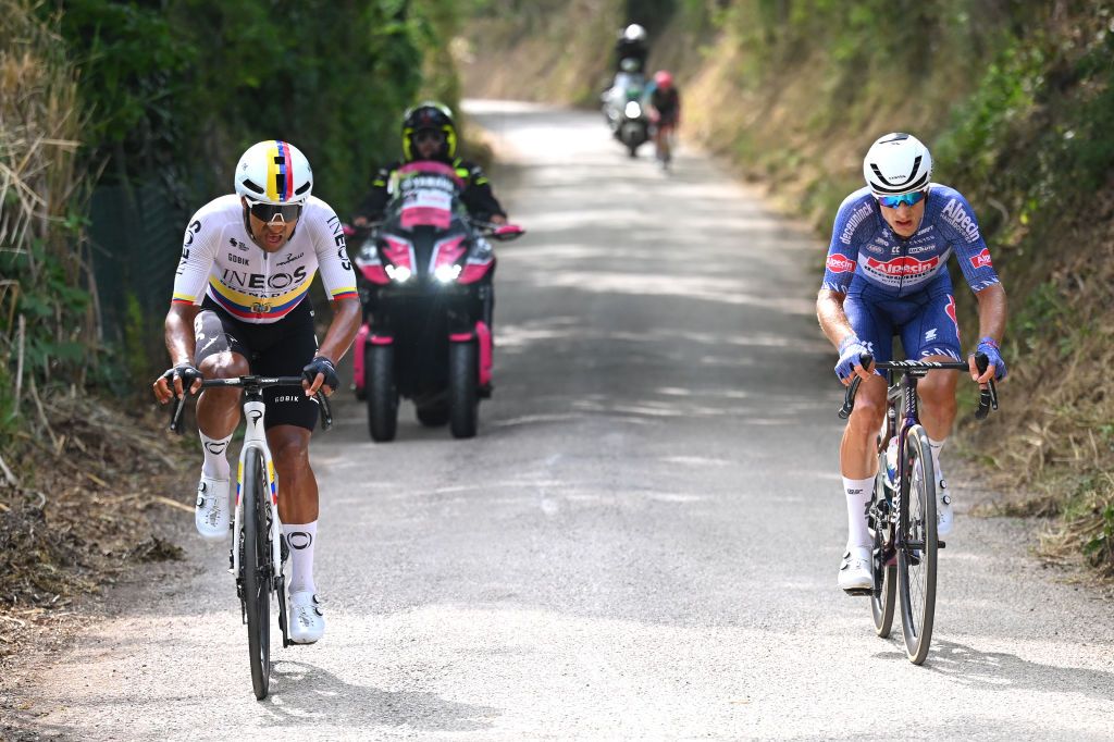 FANO ITALY MAY 16 LR Jhonatan Narvaez of Ecuador and Team INEOS Grenadiers and Quinten Hermans of Belgium and Team Alpecin Deceuninck compete in the chase group during the 107th Giro dItalia 2024 Stage 12 a 193km stage from Martinsicuro to Fano UCIWT on May 16 2024 in Fano Italy Photo by Tim de WaeleGetty Images