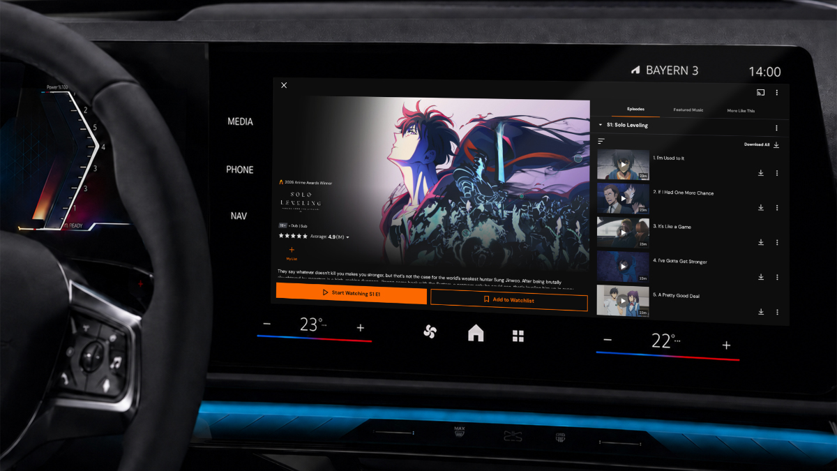 A Crunchyroll interface on a car screen