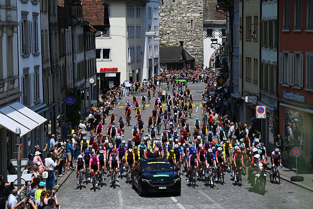 A general view of the peloton competing prior to the 88th Tour de Suisse, Stage 2 a 177km stage from Aarau to Schwarzsee / #UCIWT / on June 16, 2025 in Aarau, Switzerland. (Photo by Tim de Waele/Getty Images)