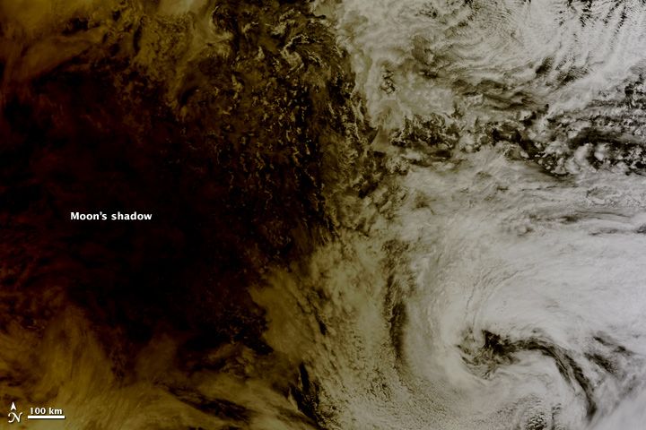 The moon&#039;s shadow during the May 20, 2012, annular solar eclipse was spotted racing across the Pacific Ocean by the MODIS instrument on NASA&#039;s Terra satellite.