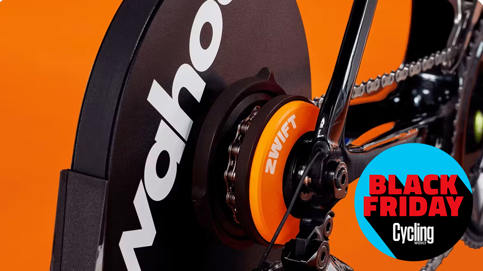 Wahoo Kickr Core 2 with Zwift cog and click against and orange background and with the Cycling Weekly Black Friday logo in the bottom right hand corner.