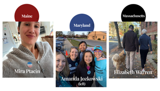 A woman wearing a gray sweater with an I Voted sticker, a group of girls taking a selfie, a woman walking next to a man and a dog on a leaf covered street