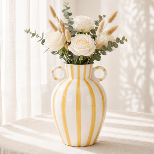 Yellow and White Elliptical Vase, Modern Checkered Vase With Handles, Ceramic Flower Vases Wide Mouth for Checkered Kitchen Decor and Dining Table, Shelves, Fireplace Centerpieces
