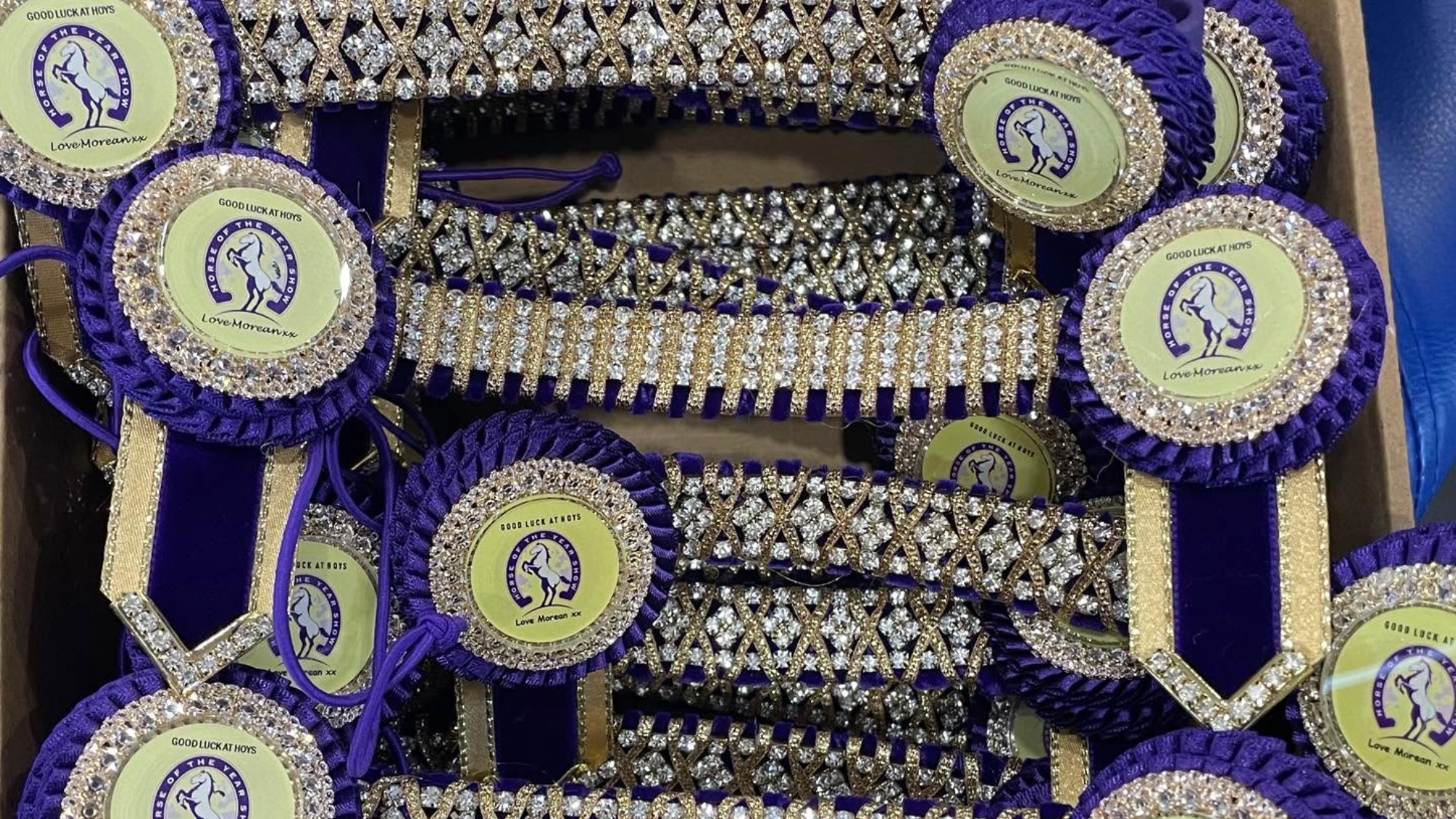 Several of Morean's gold and purple mini browbands in a box ready for distribution