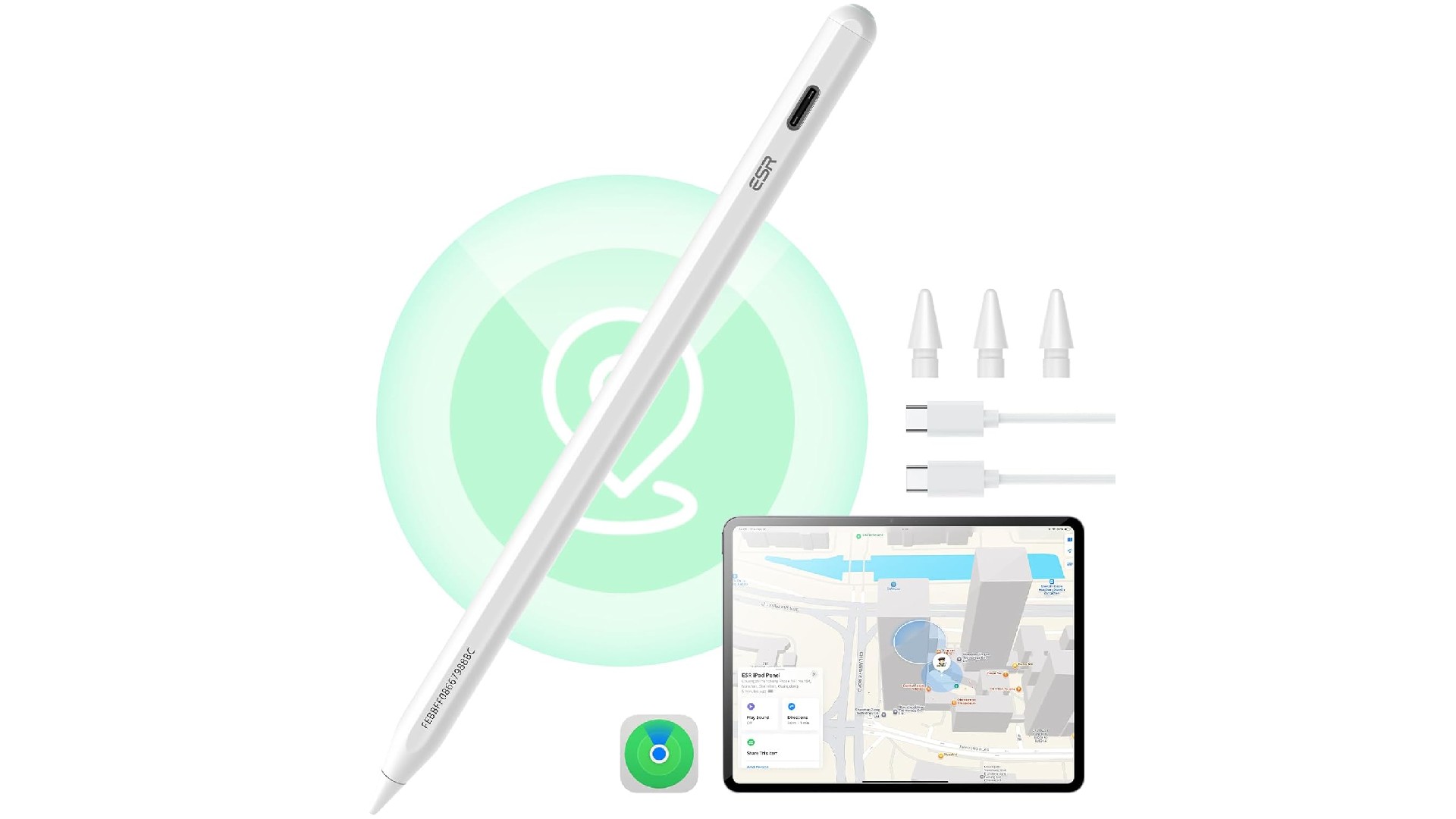 Product shot of ESR Geo Digital iPad Pencil and accessories