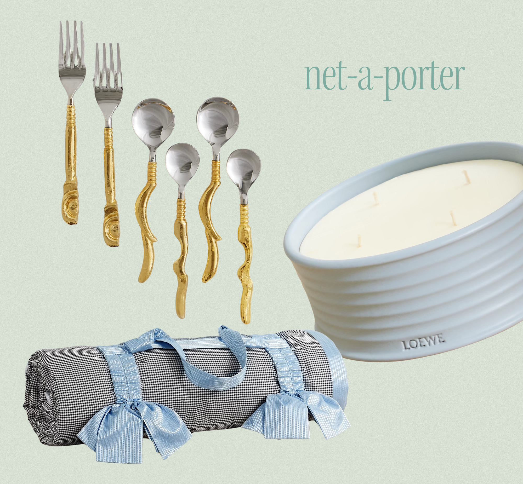Collage of gold silverware, a baby blue candle, and a gingham picnic blanket from NET-A-PORTER