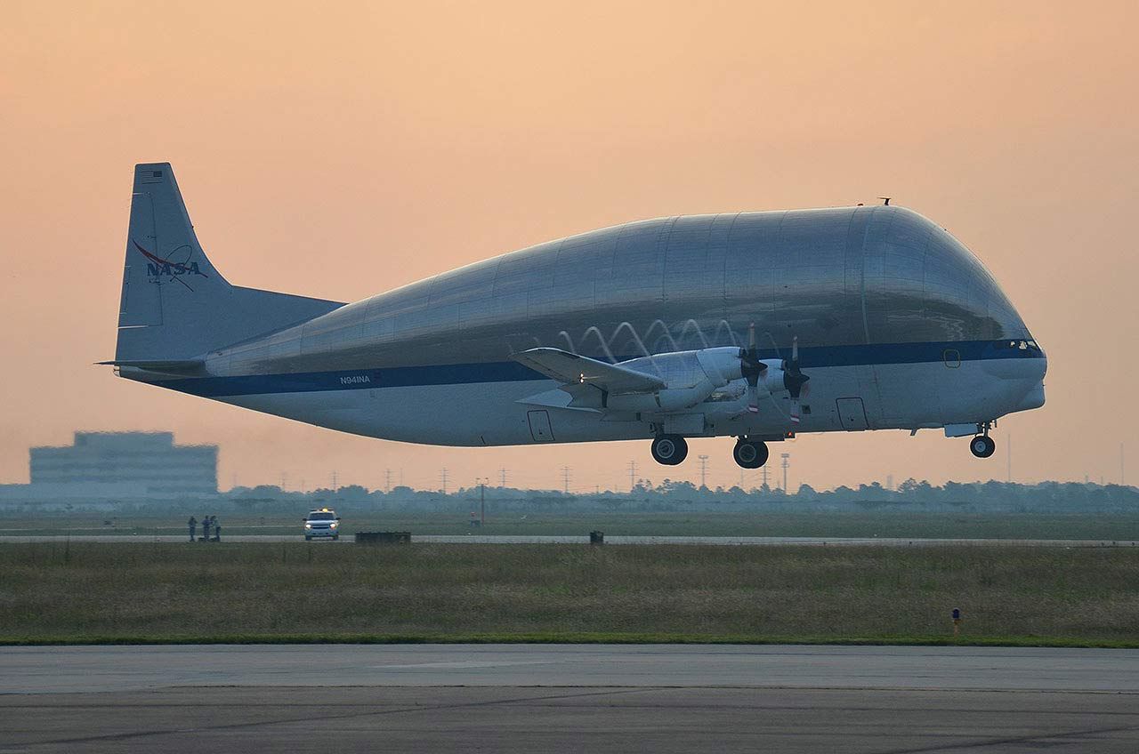 NASA's Super Guppy cargo aircraft takes off from Ellington Field in Houston carrying NASA's space shuttle trainer crew cabin on June 27, 2012. The cargo is bound for The Museum of Flight in Seattle, Wash.