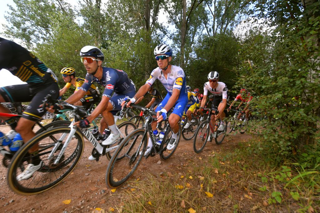 DIEST BELGIUM AUGUST 15 Zdenek Stybar of Czech Republic and Team Deceuninck QuickStep Dries De Bondt of Belgium and Team AlpecinFenix Gravel Strokes Dust during the 17th Dwars door het Hageland 2020 a 187km race from Aarschot to Diest DwarsdhHageland DDHH20 on August 15 2020 in Diest Belgium Photo by Luc ClaessenGetty Images