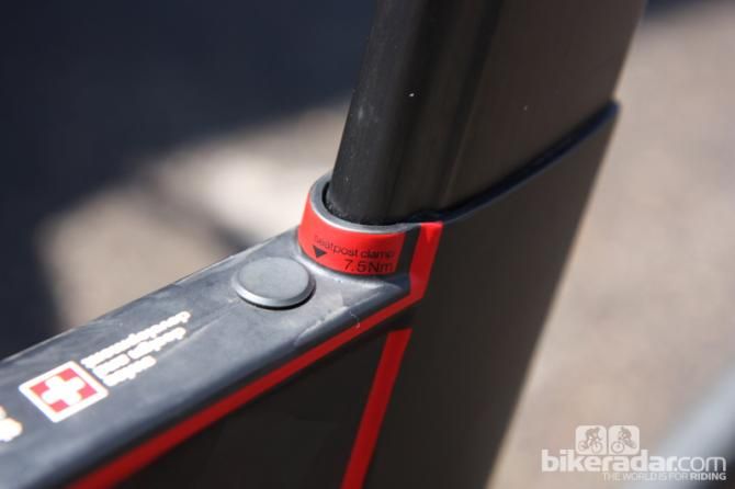 The BMC Time Machine's seatpost bolt is tucked neatly out of sight and covered with a rubber stopper