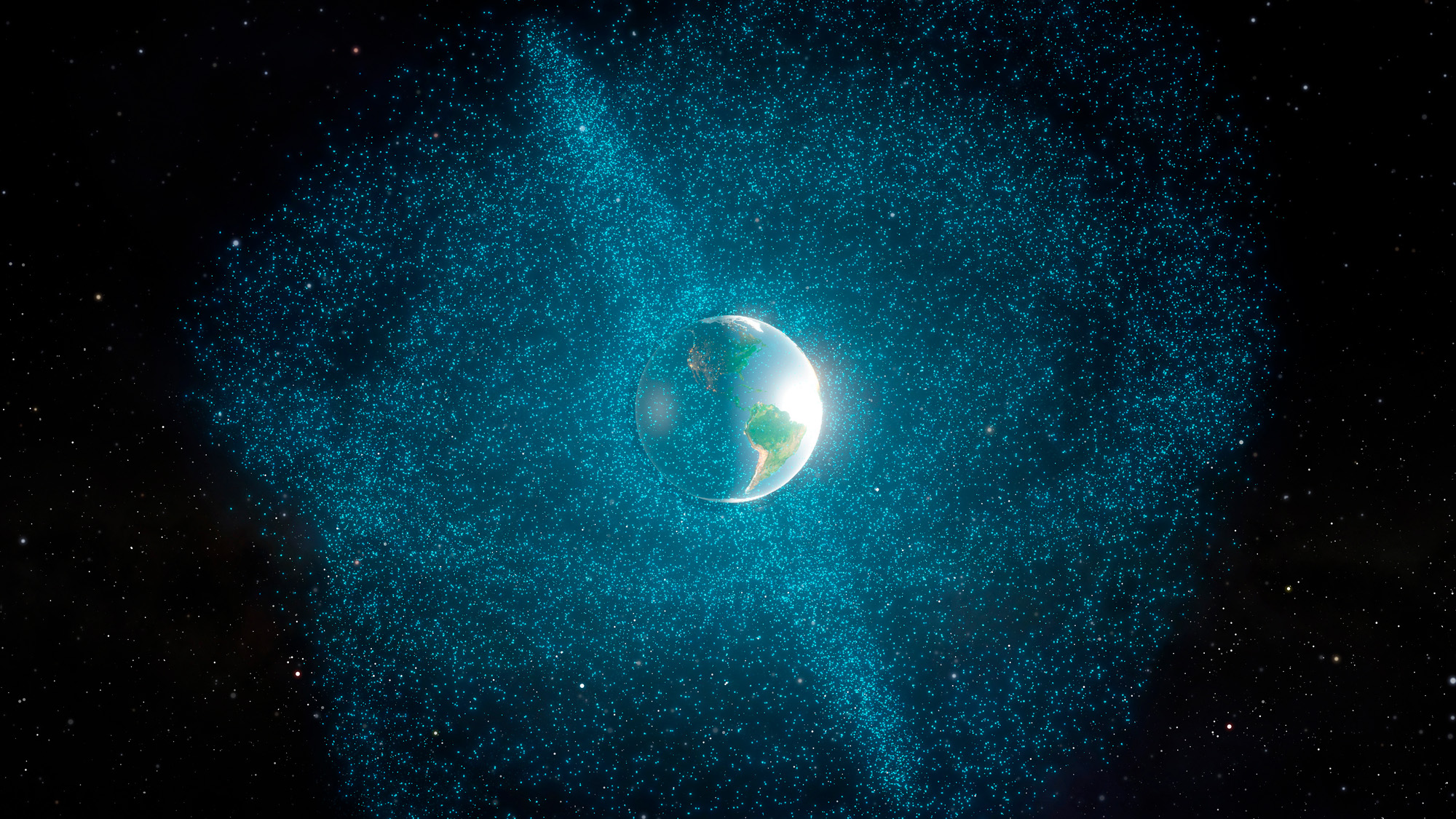 An illustration of Earth surrounded by space objects.