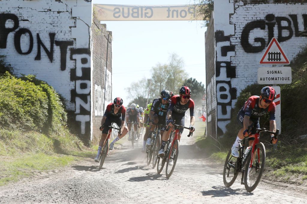 ROUBAIX FRANCE APRIL 17 LR Ben Turner of United Kingdom John Degenkolb of Germany and Team Team DSM Dylan Van Baarle of Netherlands and Michal Kwiatkowski of Poland and Team INEOS Grenadiers compete passing through a dusty cobblestones sector during the 119th ParisRoubaix 2022 Mens Elite a 2572km one day race from Compigne to Roubaix ParisRoubaix WorldTour on April 17 2022 in Roubaix France Photo by Bas CzerwinskiGetty Images