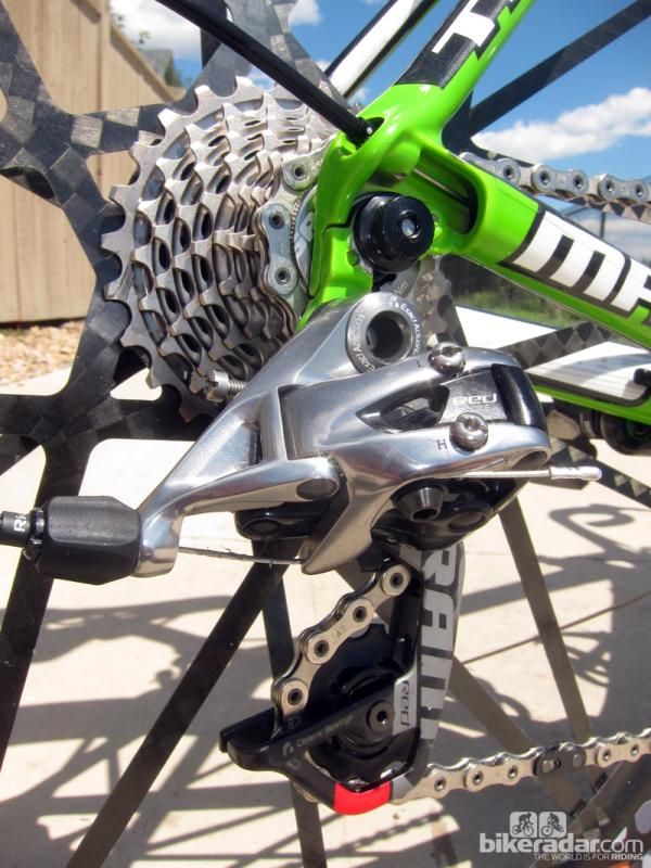 The new SRAM Red rear derailleur still rattles off shifts with outstanding precision and consistency but it's now sleeker and lighter. Not everyone will appreciate the giant 'SRAM' logo on the carbon fiber cage, though.