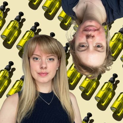 a pale green background with glass bottles with two photos of a white woman with blonde hair