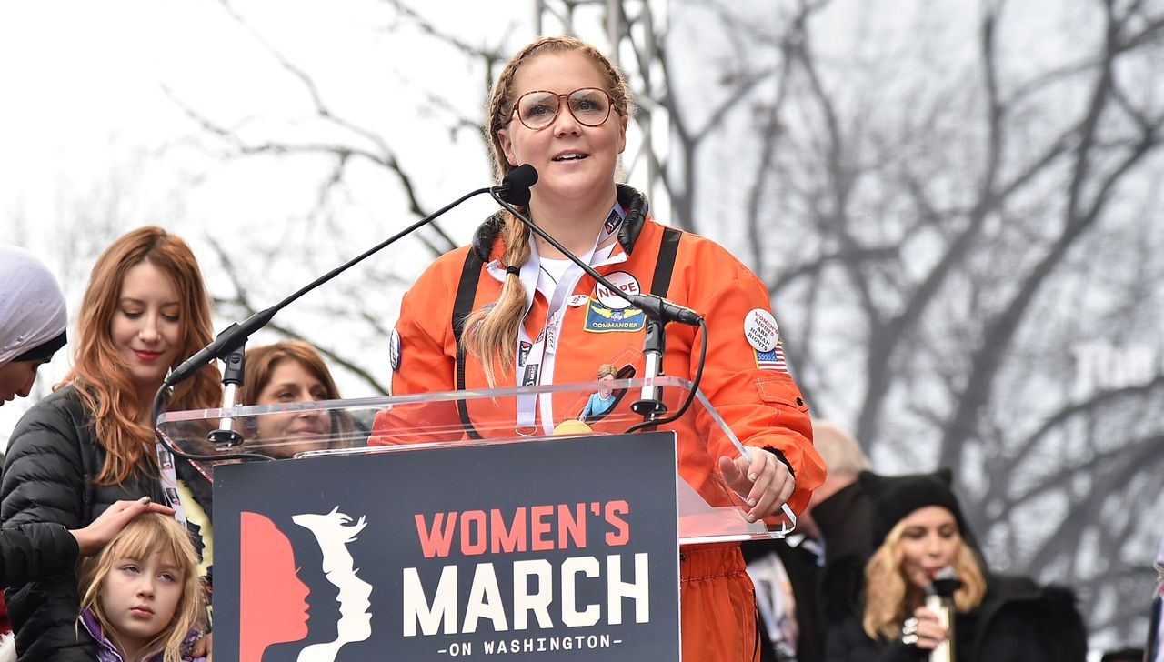 Amy Schumer speaks onstage during the rally at the Women&#039;s March on Washington on January 21, 2017 in Washington, DC