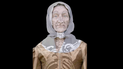 image of an older colonial American woman with her skeleton peeking through