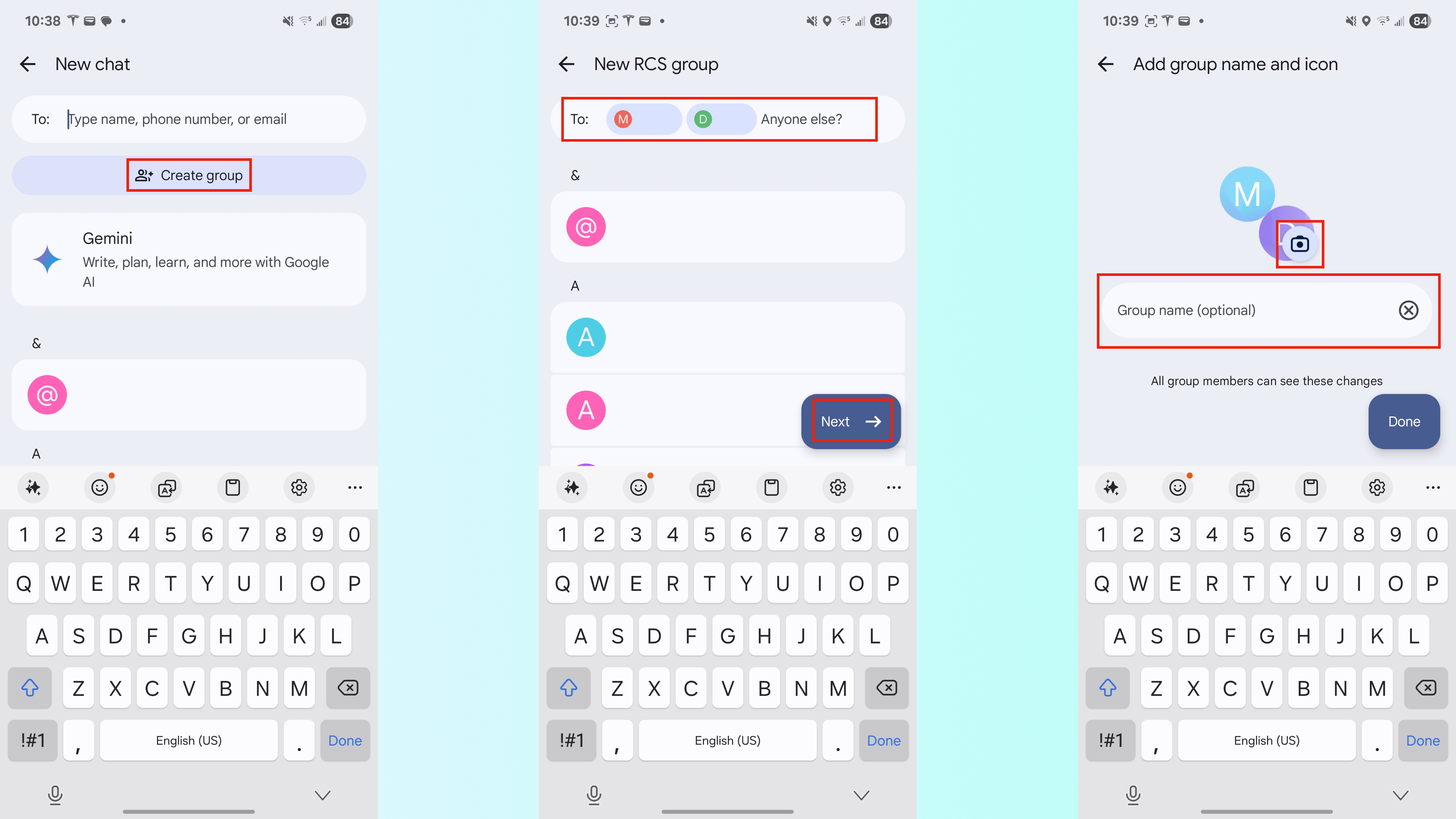 Screenshots showing how to change the name and icon of a group chat in Google Messages.