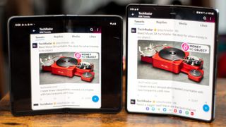 Samsung Galaxy Z Fold 4 and Google Pixel Fold both showing Twitter on the internal display