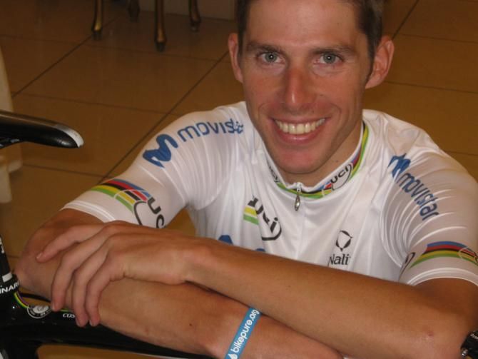 Road race world champion Rui Costa (Movistar) is an advocate for clean cycling and wears a Bike Pure wrist band in support of the cause