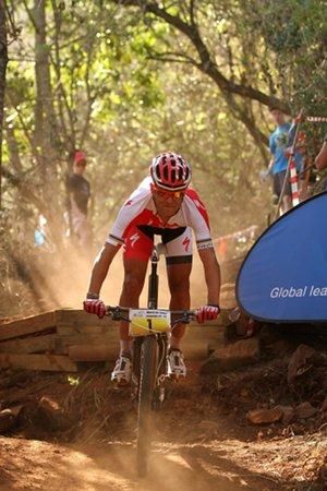 Burry Stander (Specialized Racing) is elated with his victory and in defending the elite men&rsquo;s cross country national title in South Africa