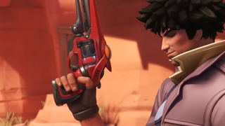 Cassidy looks into the camera in a screenshot from Overwatch 2 Cowboy Bebop crossover