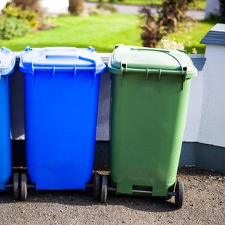 wheeled dustbins in blue and green