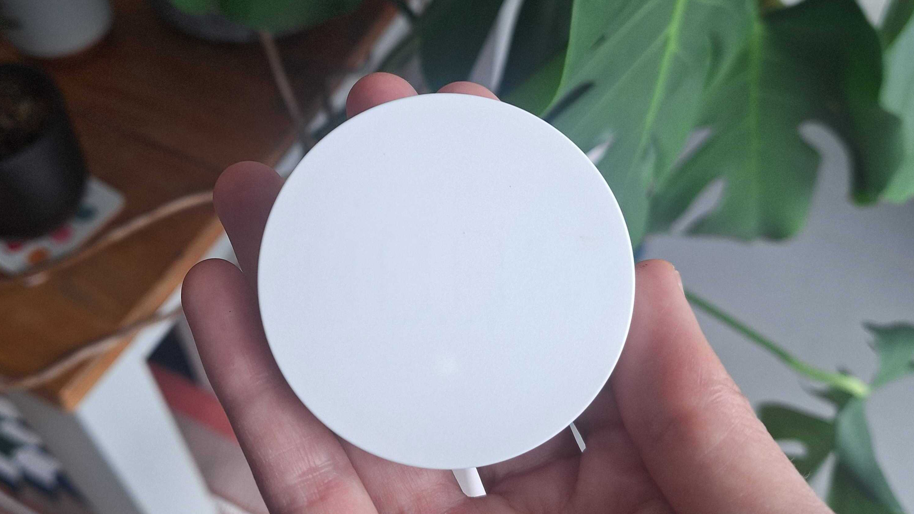 IKEA Timmerflotte temperature and humidity sensor in writer's hand, with a wooden table and plants in the background