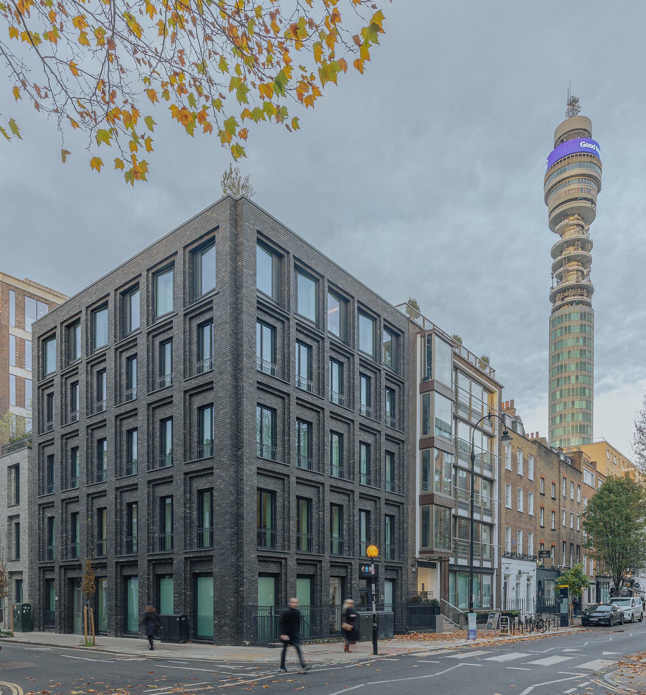 The apartment sits atop the Corner Building in London's Fitzrovia