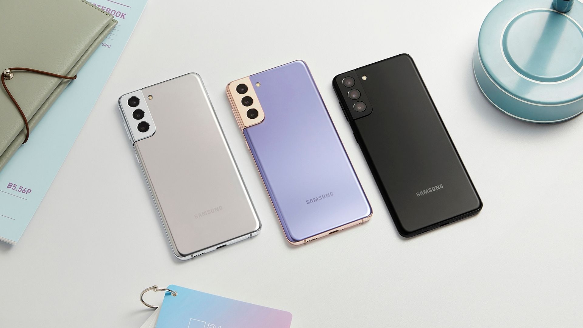 Samsung Galaxy S21 Plus in pearl, purple and black