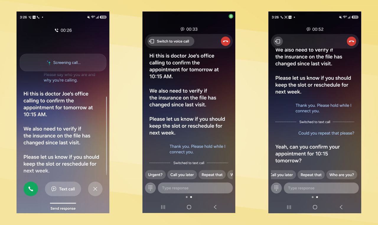 Galaxy S26 vs iPhone 17 Call Screen screenshots.