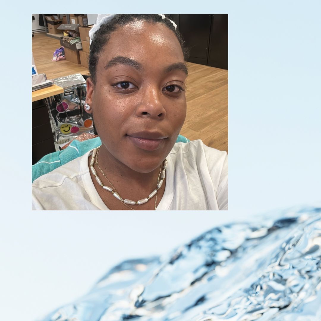 A woman in a square graphic overlayed against a graphic of water