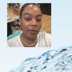 A woman in a square graphic overlayed against a graphic of water