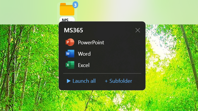 Windows 11 desktop interface with a GroDock context menu showing MS365 apps over a green leafy background.