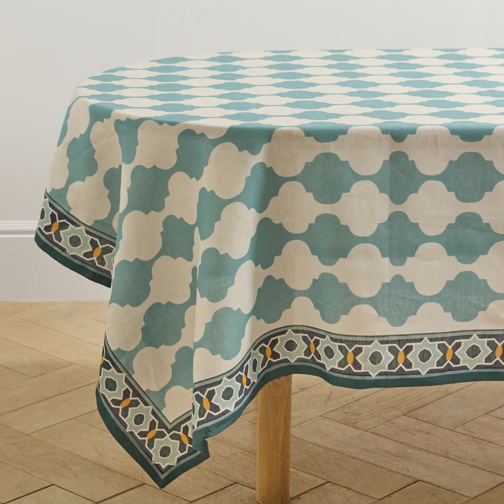 blue patterned tablecloth