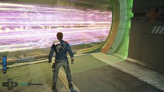 Star Wars Jedi Survivor Shattered Moon walkthrough Cal standing behind green laser barrier while array beam fires