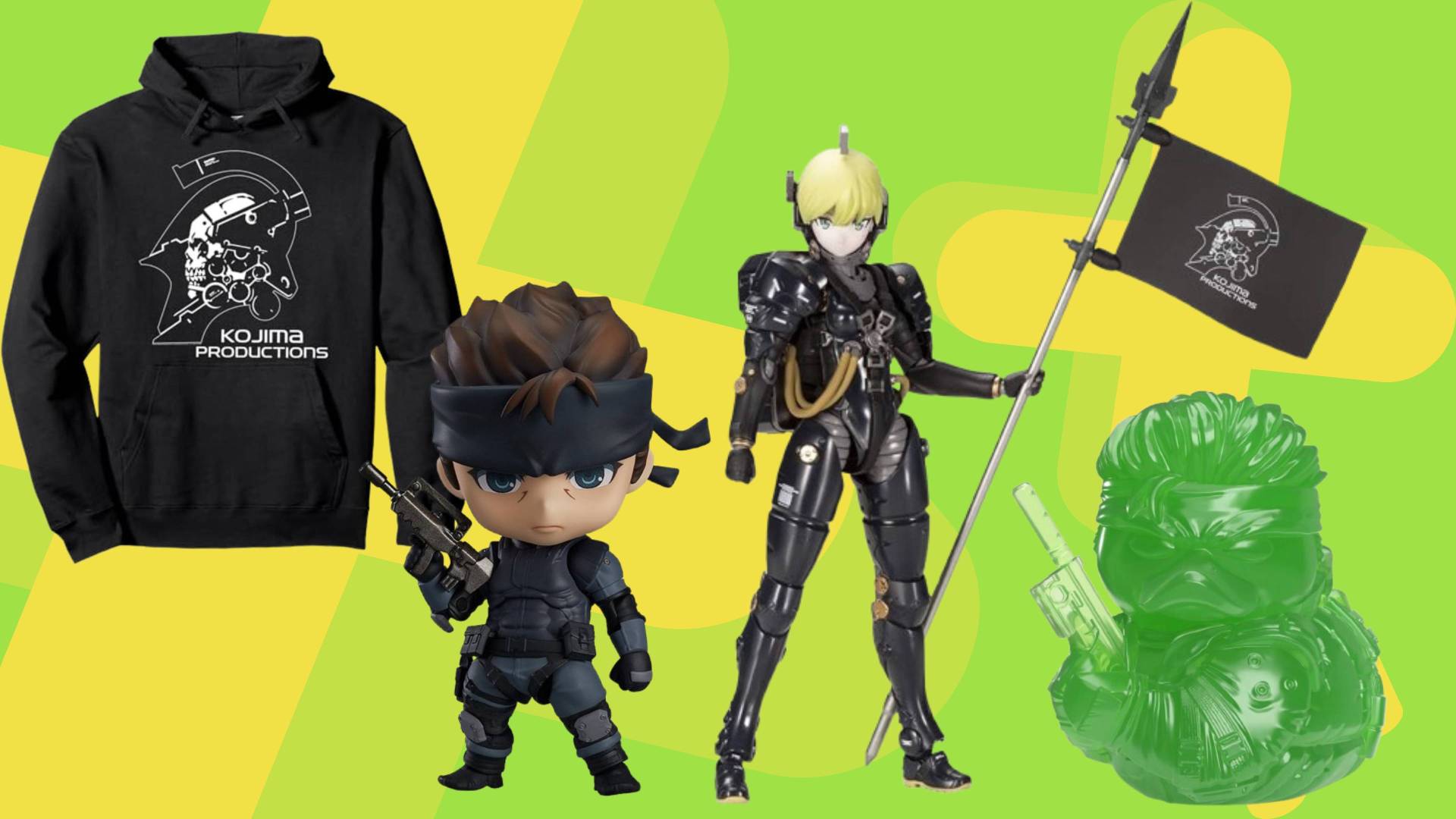 Image of a collection of Kojima game character merch on a light green GamesRadar+ background.