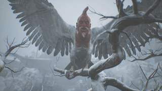 A white bird with the head of a strange, reddish-skinned man from video game Black Myth: Wukong.