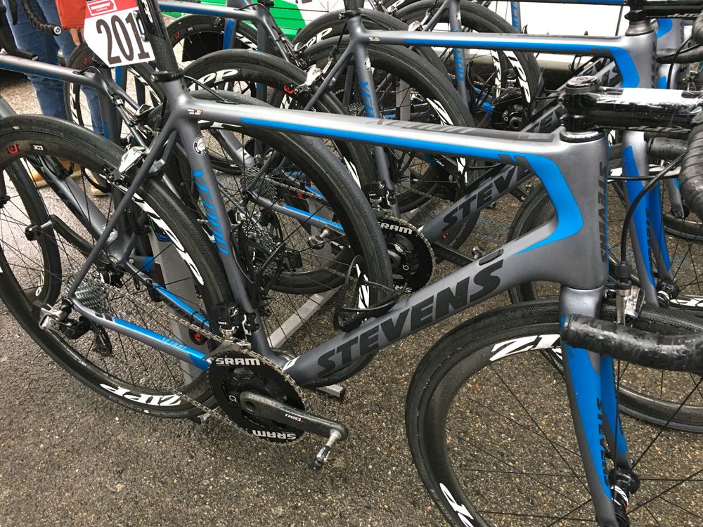 Cyclo-cross world champion Wout van Aert opted for a standard Stevens road bike with caliper brakes