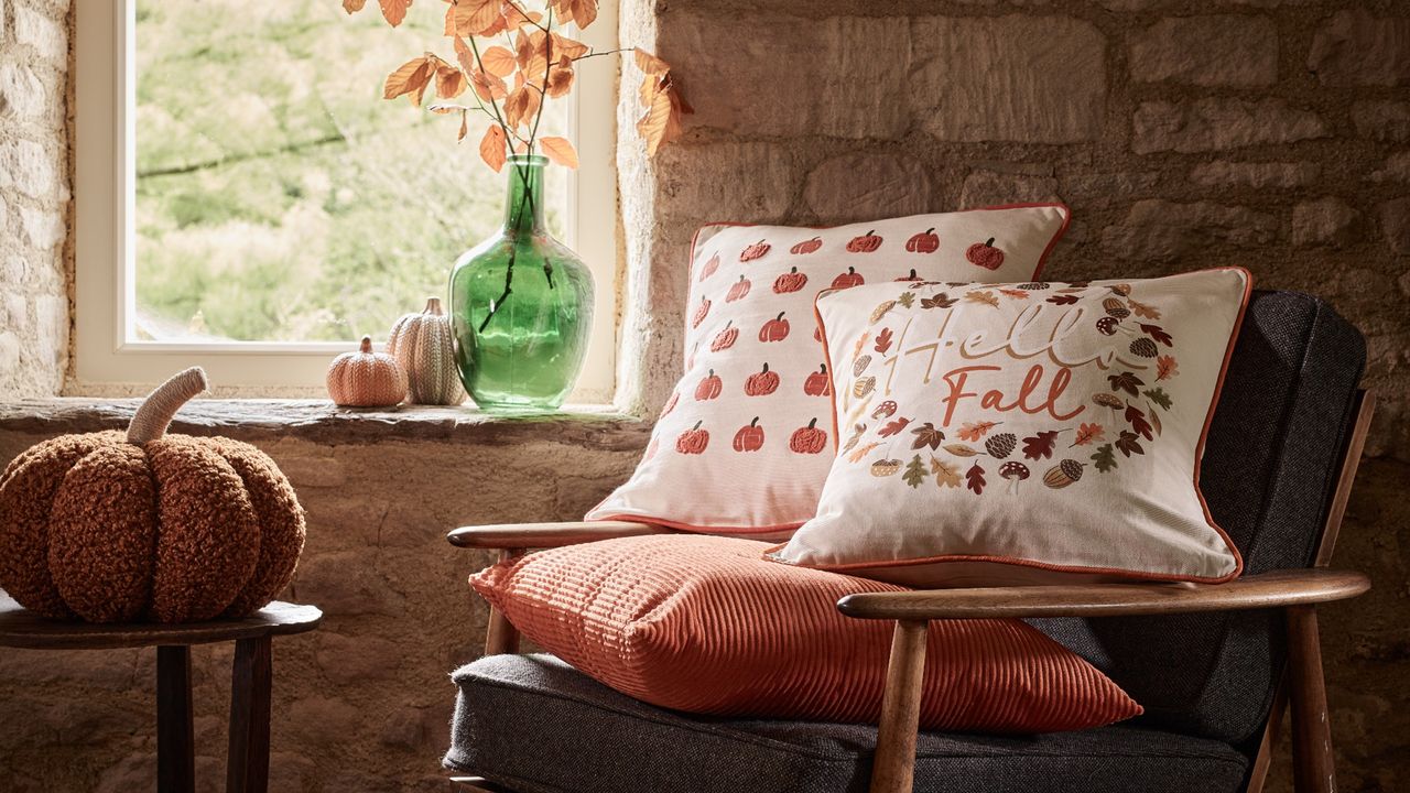 Cushions on table next to pumpkin plush cushion