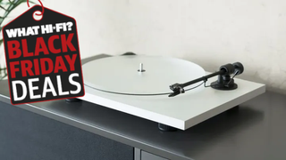 Pro-Ject Primary E turntable in white finish with Black Friday graphic