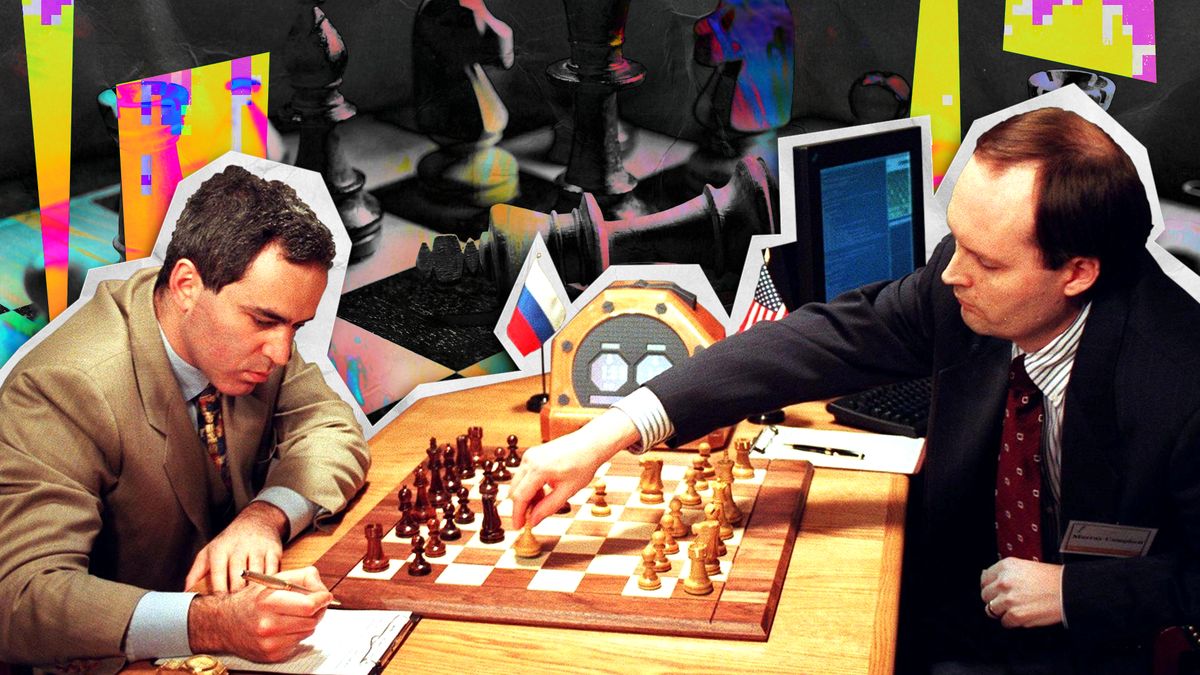 Scrapbook-style collage showing photograph of IBM scientist Murray Campbell (R) making a move for the IBM Deep Blue computer in a game 04 May in New York against World Chess Champion Garry Kasparov (L). The monitor at rear on table relays the computers&#039; moves to Campbell. Kasparov, making a record of the move, won the first game on 03 May and leads the match,1-0. The photo is presented above a punk pop-art image of a chessboard.