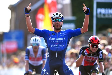 BOORTMEERBEEK BELGIUM SEPTEMBER 18 Florian Senechal of France and Team Deceuninck QuickStep celebrates at finish line as race winner ahead of Tosh Van Der Sande of Belgium and Team Lotto Soudal L during the 11th Primus Classic 2021 a 1977km race from Brakel to Boortmeerbeek Wespelaar Haacht primusclassic PrimusClassic on September 18 2021 in Boortmeerbeek Belgium Photo by Luc ClaessenGetty Images