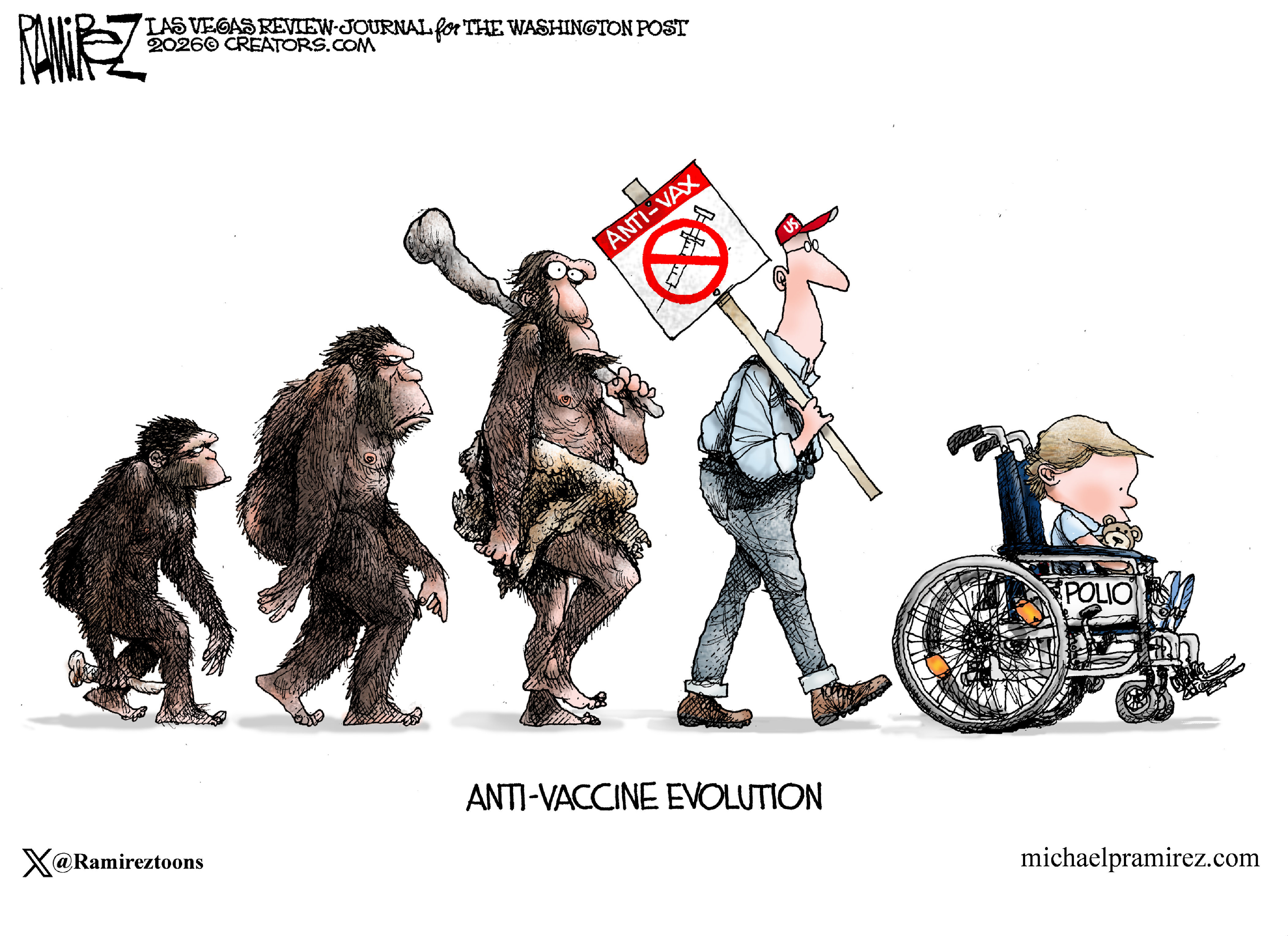 This cartoon is titled "Anti-Vaccine Evolution." It depicts the evolution of man from an ape-like creature to a caveman, to a man walking with an anti-vaccine sign. The final image is a boy in a wheelchair sick with polio.