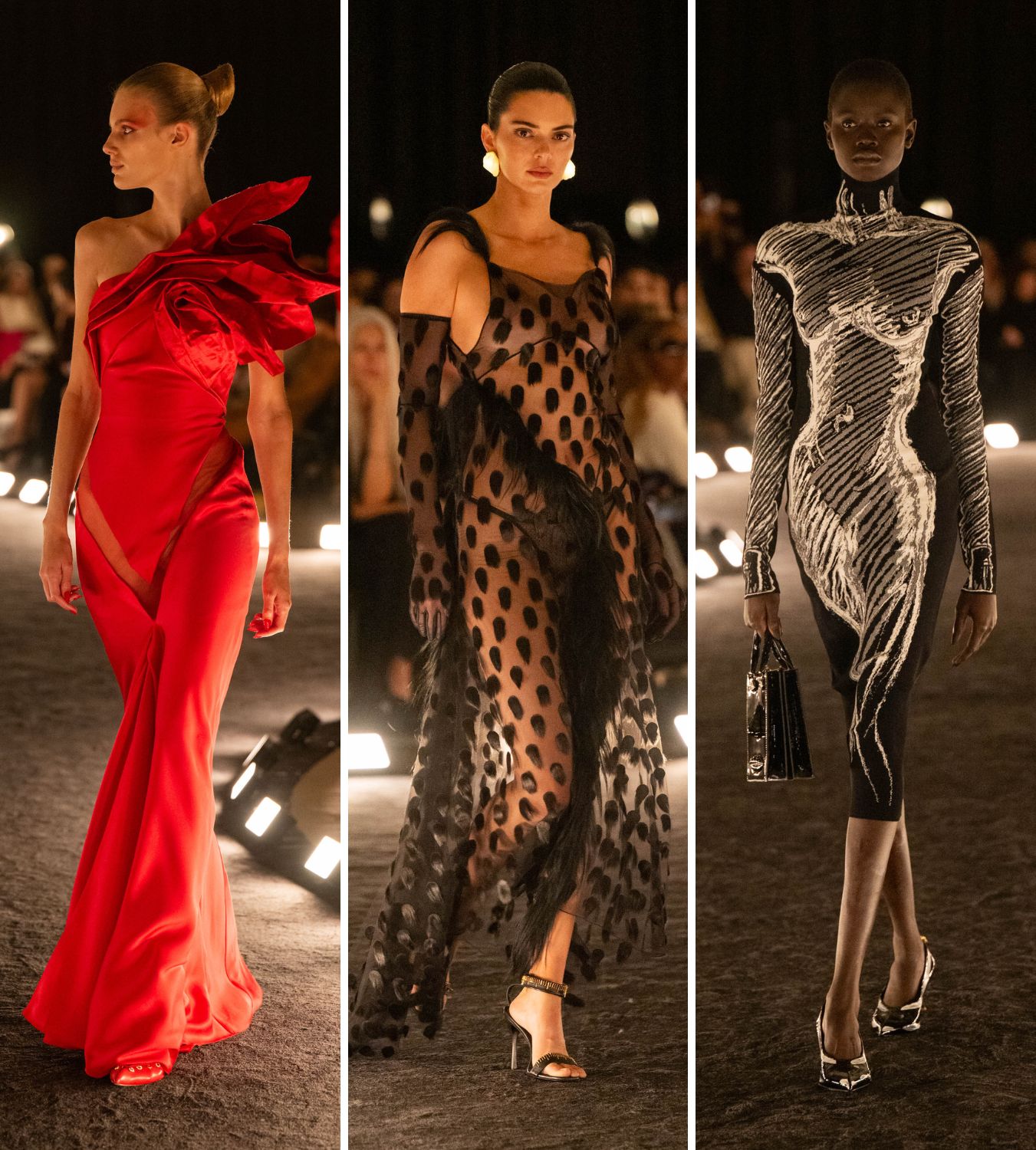 kendall jenner and two models wearing schiaparelli's ss26 collection at the paris fashion week show